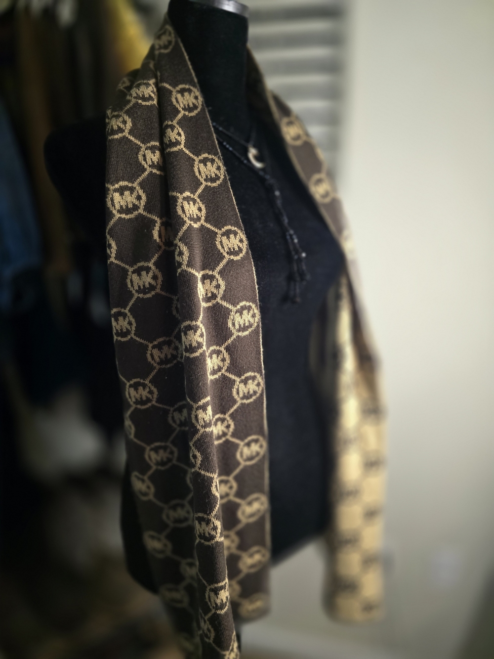 Michael Kors Brown and Tan MK Logo Knit Scarf